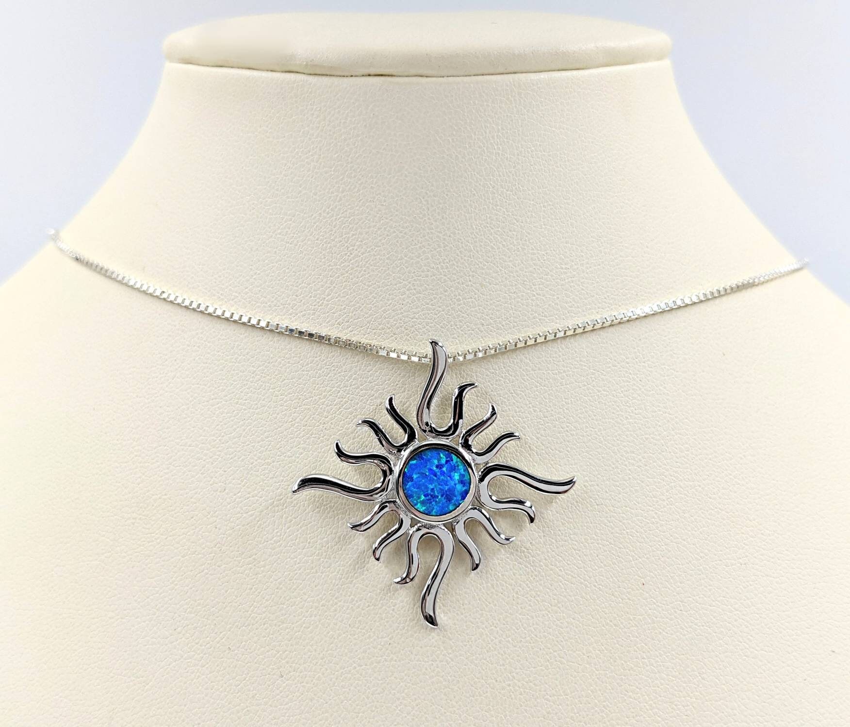 Blue Opal Sun Pendant Necklace; 925 Chain W 925 Sterling