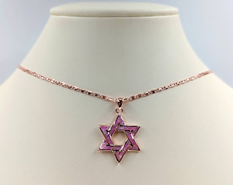 Opal Rose Gold Star of David Necklace; Opal & Rose Gold Star of David Necklace; Pink Opal Rose Gold Star of David Pendant, Infinity Close