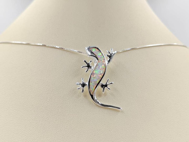 White Opal and 925 Sterling Silver Lizard Necklace; Gecko Lizard Necklace; Silver /& White Opal Lizard Pendant; Salamander Infinity Close