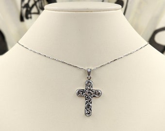 Sterling Silver Cross Necklace with 925 Filigree Detail; 925 Filigree Cross Pendant; Sterling Cross Necklace, Infinity Close and Free Ship
