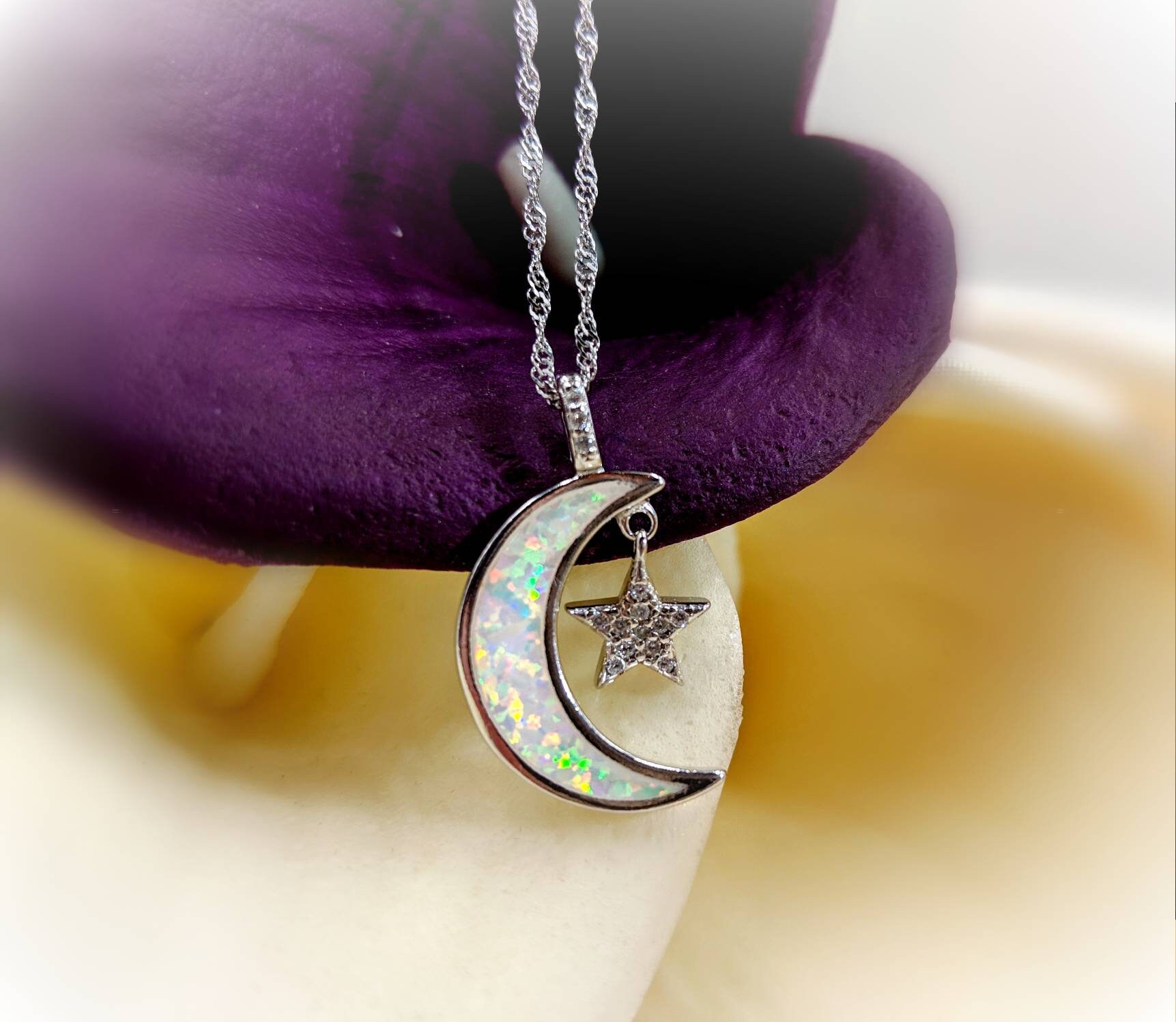 Moon and Star Necklace; 925 Silver Crescent Moon With White