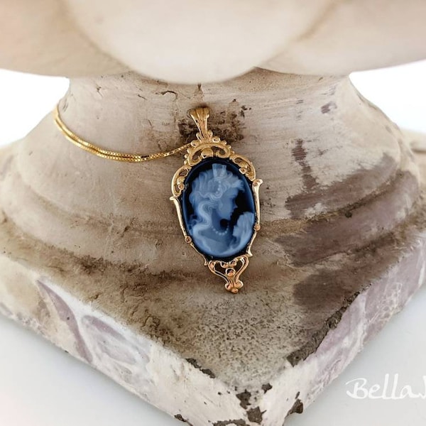 Solid 14K Gold Agate Cameo Necklace; 14K Gold Victorian Cameo; Blue Agate Cameo in 14K Gold with 14K Gold Chain; Genuine Blue Agate Cameo