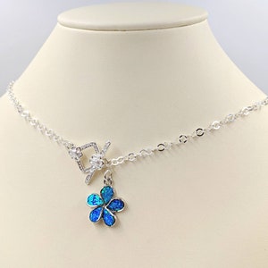 Toggle Necklace; Blue Opal Flower Toggle Necklace w Sterling Chain; Front Close Sunflower Toggle Necklace w Blue Opal Flower; Toggle Clasp