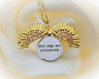 Hidden Message You Are My Sunshine Gold Sunflower Necklace; You Are My Sunshine Sunflower Locket Message; 925 Pave Gold Sunshine Necklace