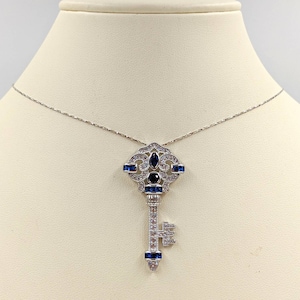 925 and CZ Pave Key Necklace; Silver Key Pendant; Blue Sapphire CZ Necklace with Key; Sterling Silver Key; Pave Key Necklace, Infinity Close