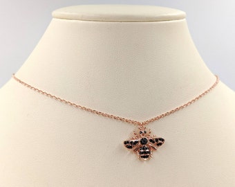 Pave Rose Gold Honey Bee 925 Necklace; Sterling Bumble Bee; Rose Gold Bee Necklace; Bumble Bee Pendant; Rose Gold Bee Charm, Infinity Close