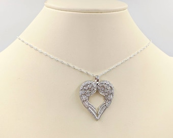 Pave Winged Heart; 925 Wing Heart Necklace; CZ Pave Angel Wing Heart Pendant Necklace with Sterling Chain and Infinity Close, Free Ship