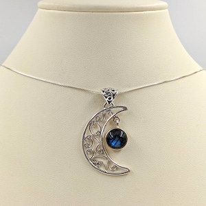 Genuine Labradorite Moon Necklace; Filigree Style Labradorite Moon Pendant; Vintage Moon Necklace with Labradorite Stone, Infinity Close
