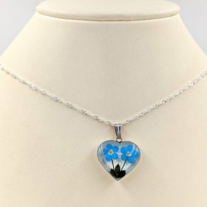 Sterling Silver Flower Heart Necklace; Forget Me Not Necklace; Forget Me Not Heart Necklace; Necklace with Forget Me Nots, Infinity Close