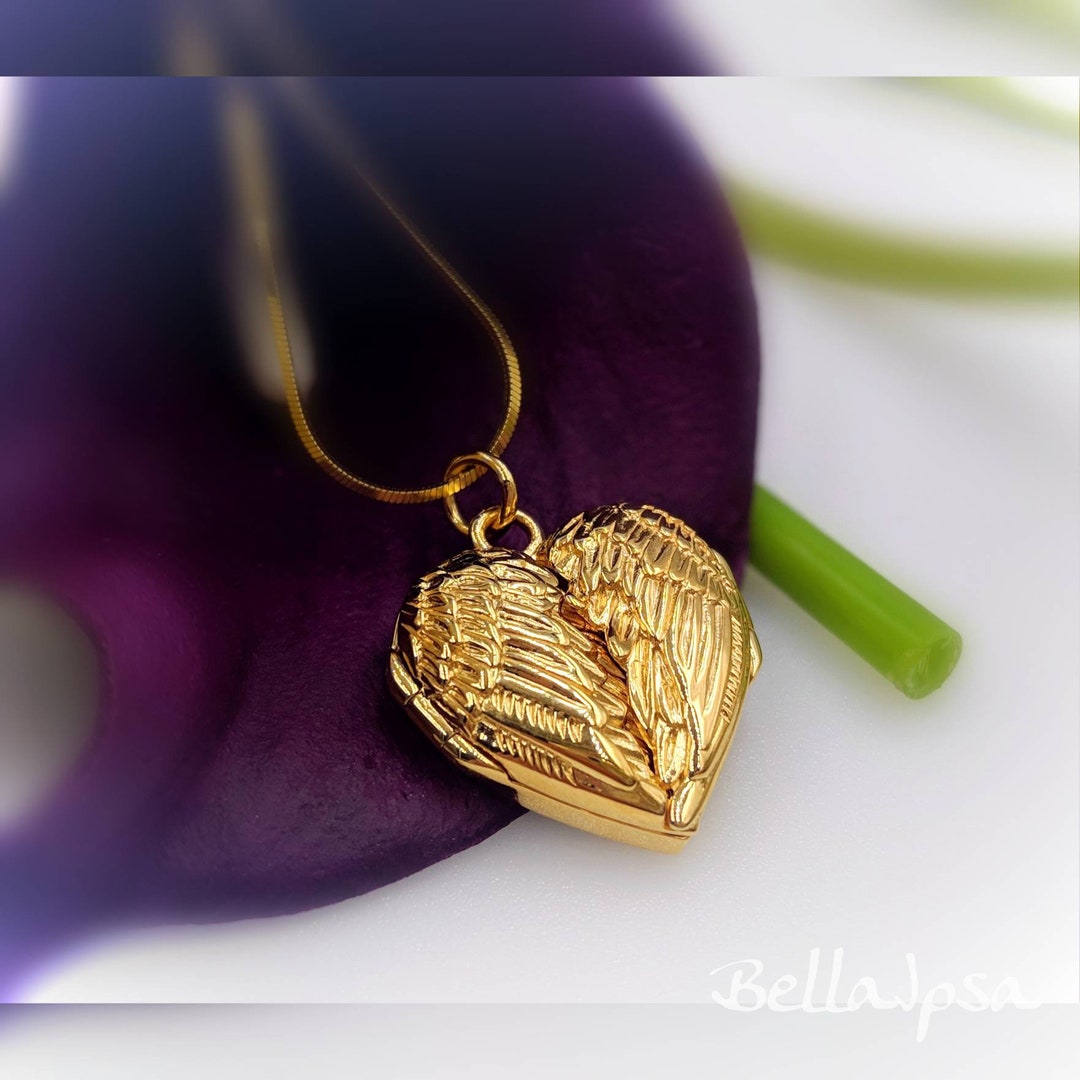 14K Gold Vermeil Wing Heart Locket Necklace; Gold Angel Wing Locket ...