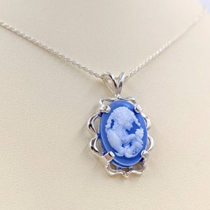 Victorian Cameo, Genuine Agate Cameo Necklace, Blue Woman Stone, Rope Chain and Sterling Fancy Setting; Sterling Infinity Clasp & Close