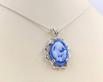 Victorian Cameo, Genuine Agate Cameo Necklace, Blue Woman Stone, Rope Chain and Sterling Fancy Setting; Sterling Infinity Clasp & Close