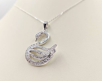 Pave Silver Swan Necklace; Sterling Silver Swan Pendant Necklace w CZ Pave Detail; 925 Elegant Swan Necklace; Bird Pendant, Infinity Close