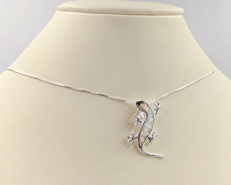 White Opal and 925 Sterling Silver Lizard Necklace; Gecko Lizard Necklace; Silver /& White Opal Lizard Pendant; Salamander Infinity Close