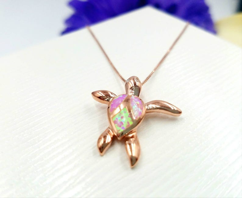 Adorable 925 Pink Opal Rose Gold Turtle Pendant w CZ Detail on Sterling and Rose Gold Box Chain Rose Gold Infinity Link and Sterling Clasp