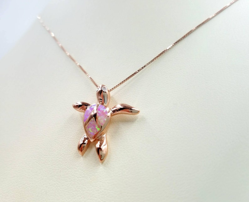 Adorable 925 Pink Opal Rose Gold Turtle Pendant w CZ Detail on Sterling and Rose Gold Box Chain Rose Gold Infinity Link and Sterling Clasp