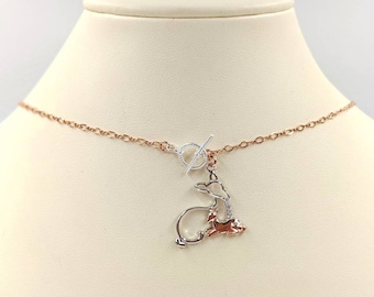 925 Sterling & Rose Gold Doe and Fawn Toggle Necklace; Mom and Baby Necklace; Sterling Two Tone Baby and Mom Deer Pendant Toggle Necklace