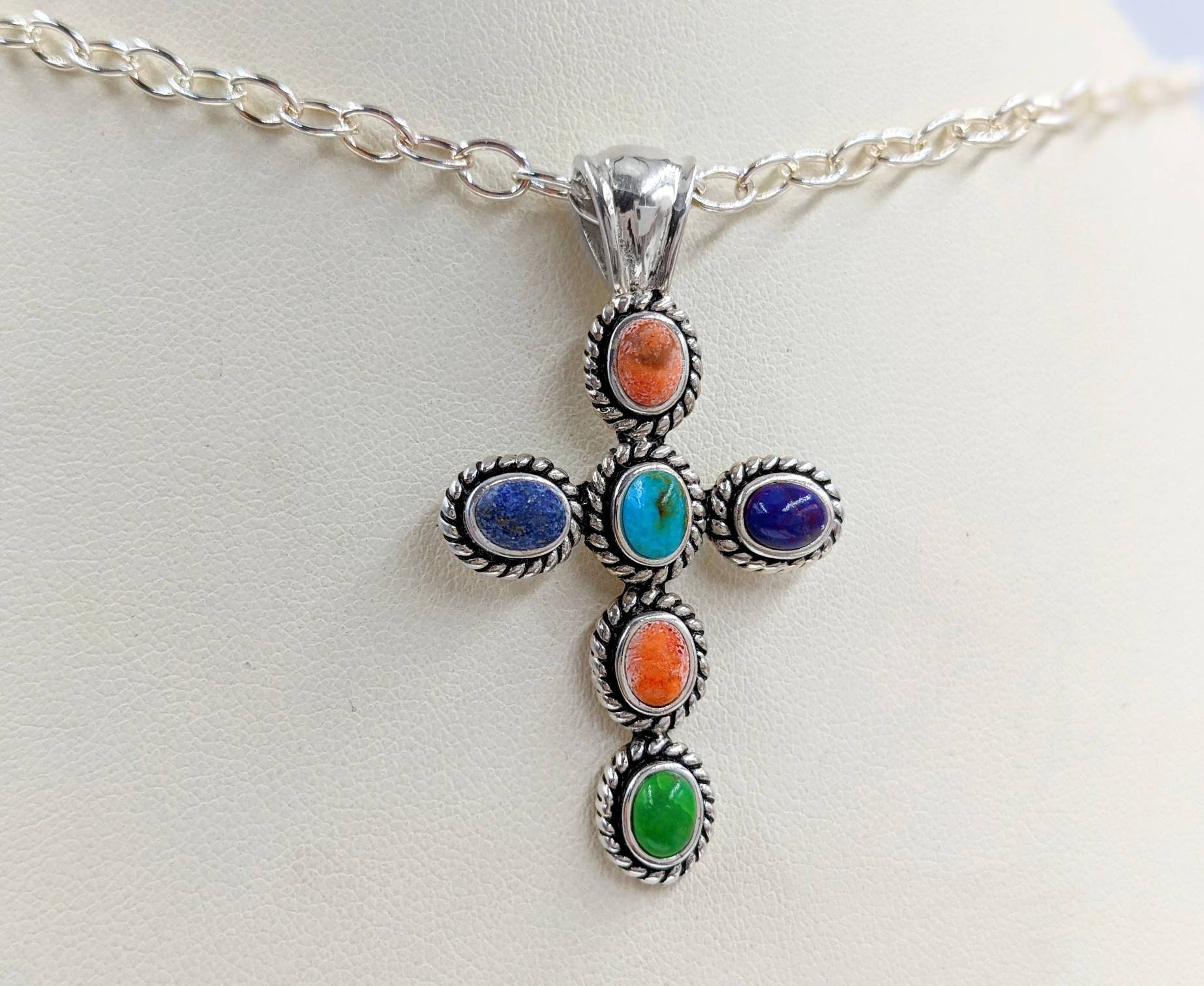 925 Sterling Silver Multi Stone Cross; Antiqued Look Stone Cross ...