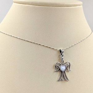 Silver and Pearl Angel Pendant Necklace; MOP Angel; 925 Silver Angel w Mother of Pearl Heart; 925 Guardian Angel Necklace; Infinity Close