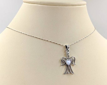 Silver and Pearl Angel Pendant Necklace; MOP Angel; 925 Silver Angel w Mother of Pearl Heart; 925 Guardian Angel Necklace; Infinity Close