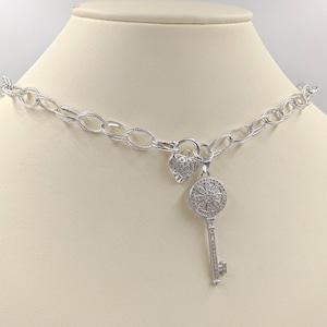 925 Heart Padlock Necklace; Silver Lock Pendant; Pave Key to My Heart Necklace; Sterling Lock & Key Necklace; 925 Filigree Front Close Lock