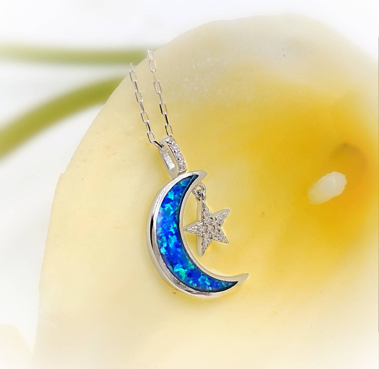 Moon and Star Necklace; 925 Silver Crescent Moon With Blue