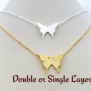 925 Sterling Two-Tone, Silver, or 14K Plated Gold Single or Double Layered Butterfly Necklace w Curb Chain, Infinity Link and Lobster Close