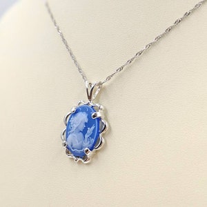 Blue Victorian Cameo, Genuine Agate Cameo Necklace, Blue Woman Stone, Sterling Setting and Chain; Cameo, Sterling Infinity Clasp & Close