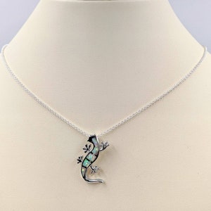 White Opal and 925 Sterling Silver Lizard Necklace;  Gecko Lizard Necklace; Silver & White Opal Lizard Pendant; Salamander, Infinity Close