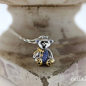 Two Tone Pave Detail Teddy Bear Necklace; 925 Silver Teddy Bear Necklace; Bear with Bowtie; Teddy Bear Pendant Necklace with Pave Detail