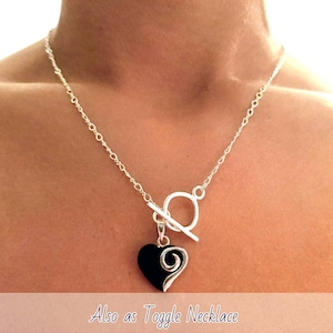 Black Onyx Heart Toggle Necklace; 925 Onyx Heart & Infinity Chain Front Close Toggle Clasp Necklace; Silver and Black Heart Charm Necklace