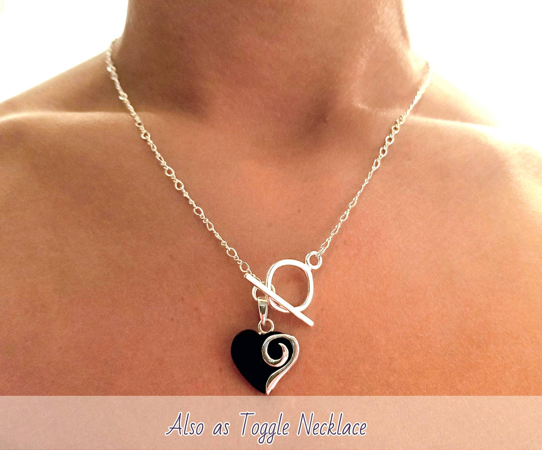 Black Onyx Heart Toggle Necklace; 925 Onyx Heart & Infinity Chain