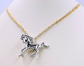 Galloping Horse Necklace; Layered Two Tone Horse Necklace; Gold & Silver Infinity Chain w Running Horse; Equestrian Necklace, Infinity Close