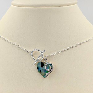 Abalone Shell Heart Toggle Necklace; 925 Heart & Infinity Chain Front Close Toggle Clasp Necklace; Silver and Abalone Shell Heart Necklace