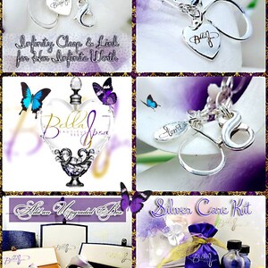 May include: A silver necklace with an infinity clasp and link, a heart charm with the word "Bella" engraved on it, and a bottle charm with the words "Bella Rosa Beautiful" engraved on it. The necklace is displayed on a purple background with butterflies. The image also shows a silver care kit with a cleaning solution, cloths, a storage bag, a cleaning cloth, and a satin gift bag. The care kit is priced at $20.