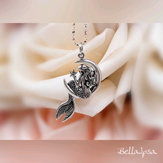 925 Silver Mermaid in the Moon Necklace Sterling Silver Mermaid Necklace Necklace With Mermaid in the Moon With Stars 925 Mermaid Pendant Etsy Sweden