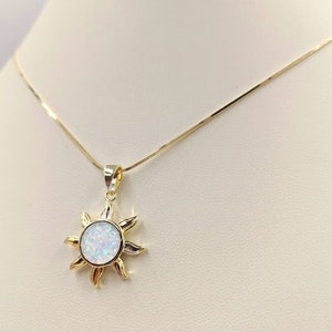 Opal Sun Pendant Necklace; 925 and Gold Square Snake Chain w 925 & Gold Plated White Opal Sun Pendant; Gold Sun Necklace, Infinity Close