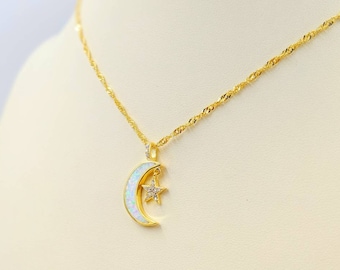 Moon and Star Necklace; Gold Moon with White Opal & Pave Star; Opal Moon Necklace; Moon Pendant with Star, Infinity Close