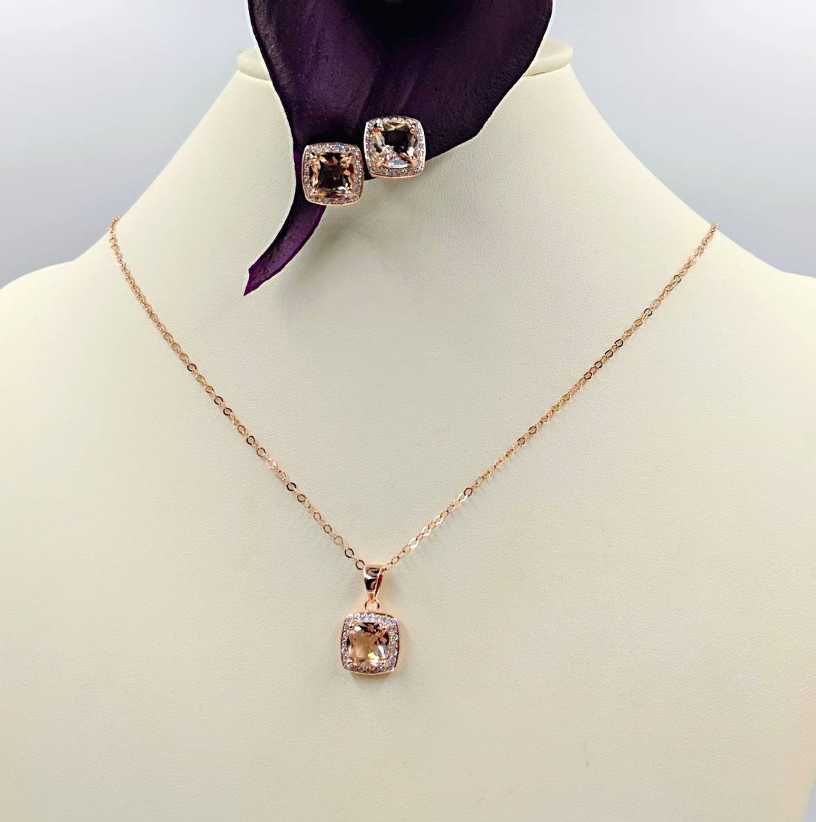 925 Rose Gold Morganite Necklace and Earrings Set W Pave and
