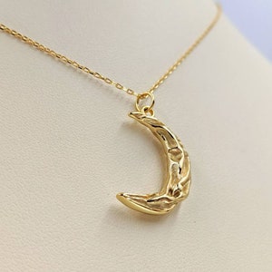Gold Crescent Moon Necklace; Textured Gold Crescent Moon Necklace; 925 Moon Pendant; Gold Moon Pendant on Gold Chain, Easy On Infinity Close