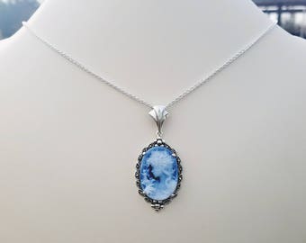 Fairy Agate Cameo AA Grade 2 Black Blue Agate Cameo Necklace w Marscaite and Sterling Silver Setting, Wheat Chain, Infinity Clasp & Close