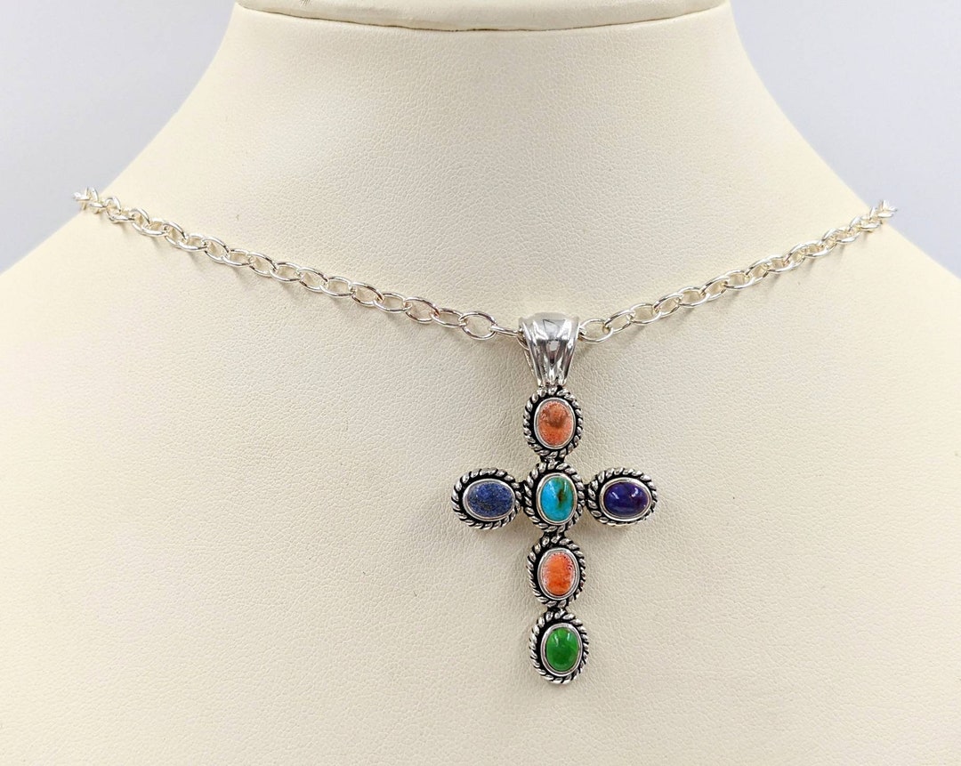 925 Sterling Silver Multi Stone Cross; Antiqued Look Stone Cross ...