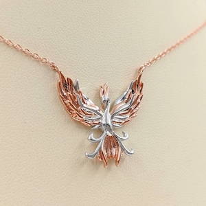 Two Tone Phoenix Rising Necklace, 925 Silver & Rose Gold Phoenix Rising; 925 Rose Bird Pendant; Rose Gold Phoenix Necklace, Infinity Close
