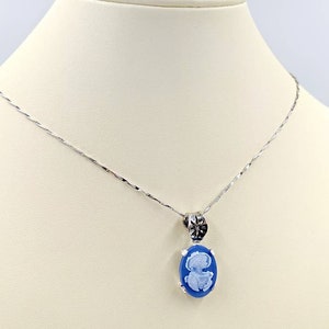 Victorian Cameo, Genuine Agate Cameo Necklace, Blue Woman Stone, Rope Chain and Sterling Fancy Setting; Sterling Infinity Clasp & Close