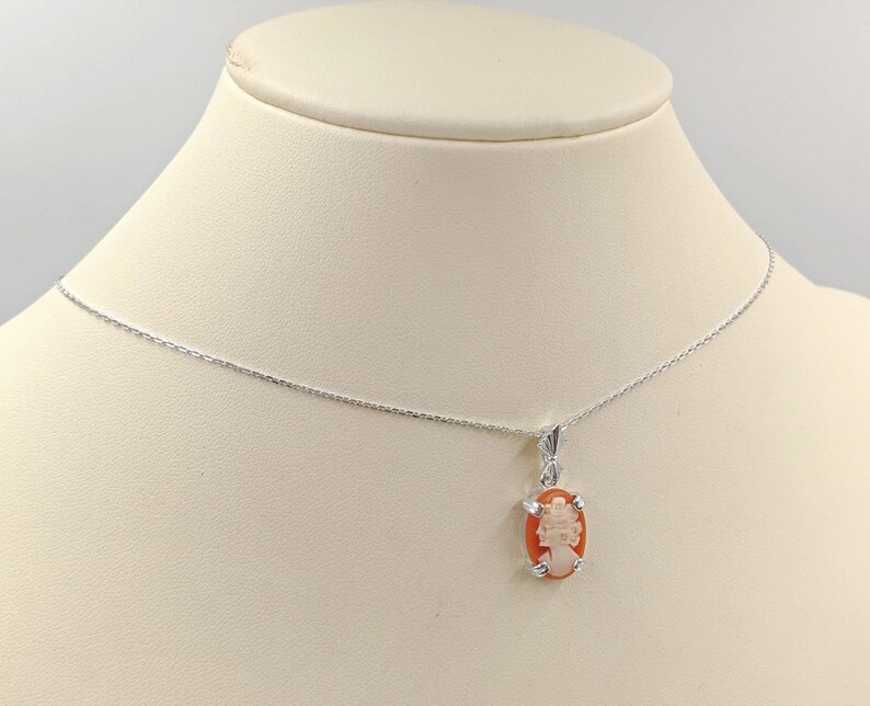 925 Petite Shell Cameo Peach Orange Shell Cameo Necklace w Sterling Silver Setting Shell Cameo Necklace Shell Cameo, Infinity Close image 2