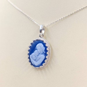 Victorian Cameo Necklace - Black / Blue Genuine Agate Cameo Mother & Child with Sterling Silver Filigree Setting, Infinity Clasp Close