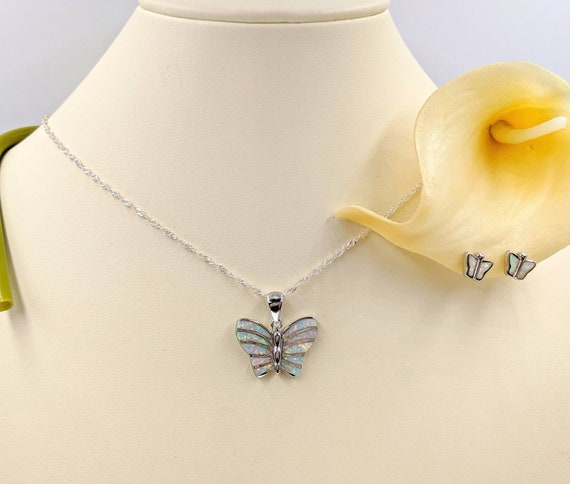 925 Sterling Silver & White Opal Butterfly Necklace and Earrings Set; White Opal Butterfly Pendant; 925 Butterfly Gift Set, Infinity Close
