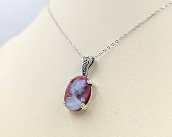 Cameo Necklace; Genuine Red Agate Cameo Necklace w 925 Sterling Setting and Chain; Cameo Jewelry; Red Lady Cameo Necklace; Infinity Close