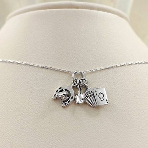 Good Luck Necklace Card 925 Necklace; Sterling Silver Good Luck Charm Necklace; Horseshoe, Full House, Four Leaf Clover, Infinity Close
