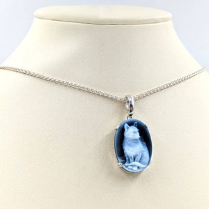 AA Grade 1 Genuine Agate Cameo Necklace; Cat Cameo Necklace; 925 Sterling Silver Cat Cameo; Kitten Cameo Necklace; Blue Agate Cat Cameo
